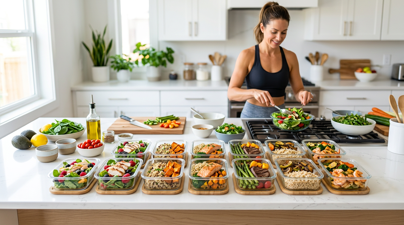 Seven labeled glass meal prep containers holding 1200-calorie balanced meals for a week of weight loss