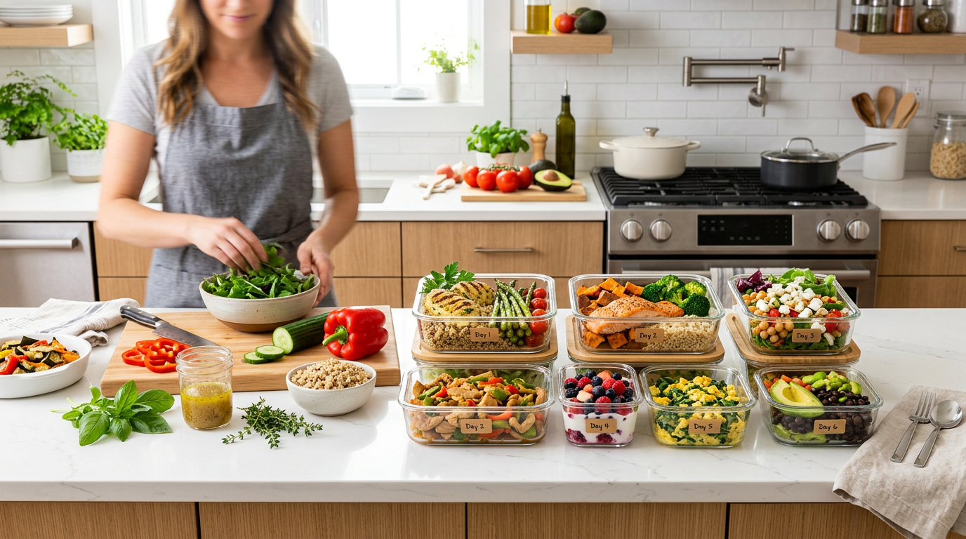 Seven labeled glass meal prep containers holding 1600-calorie high-protein meals for a week of weight loss