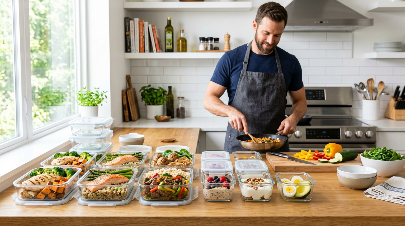 Seven labeled meal prep containers holding 1800-calorie high-protein meals for a man's week of weight loss