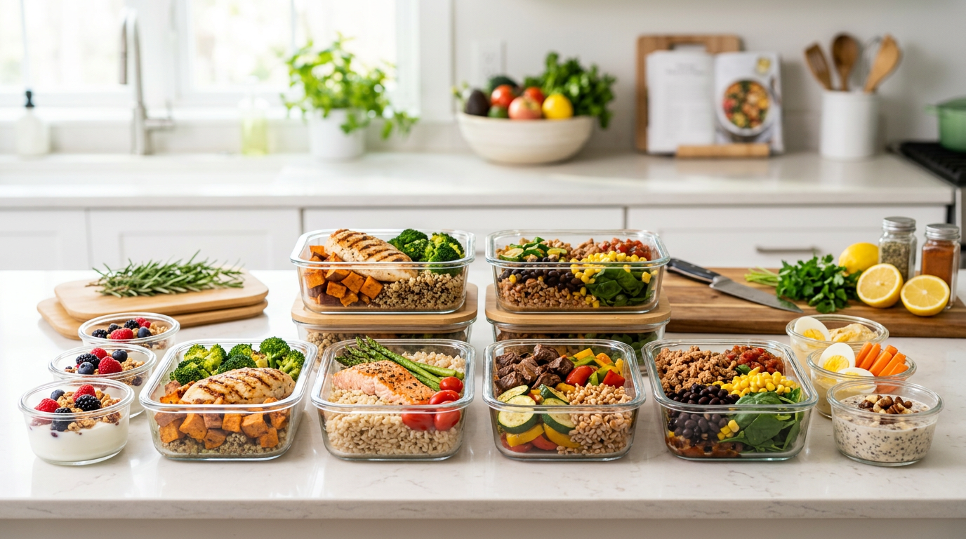 Seven labeled meal prep containers of high-protein 2000-calorie meals
