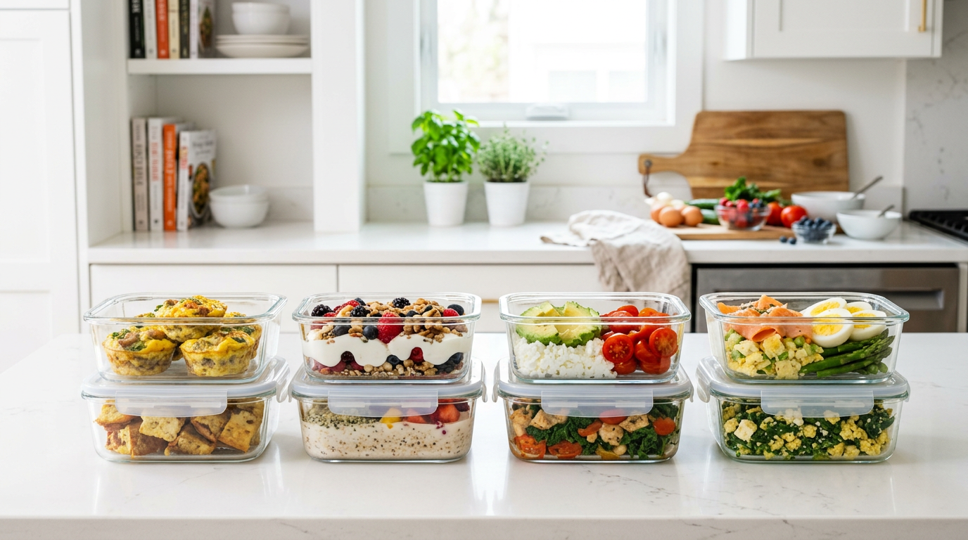 Eight high-protein breakfast meal prep jars and containers on a counter