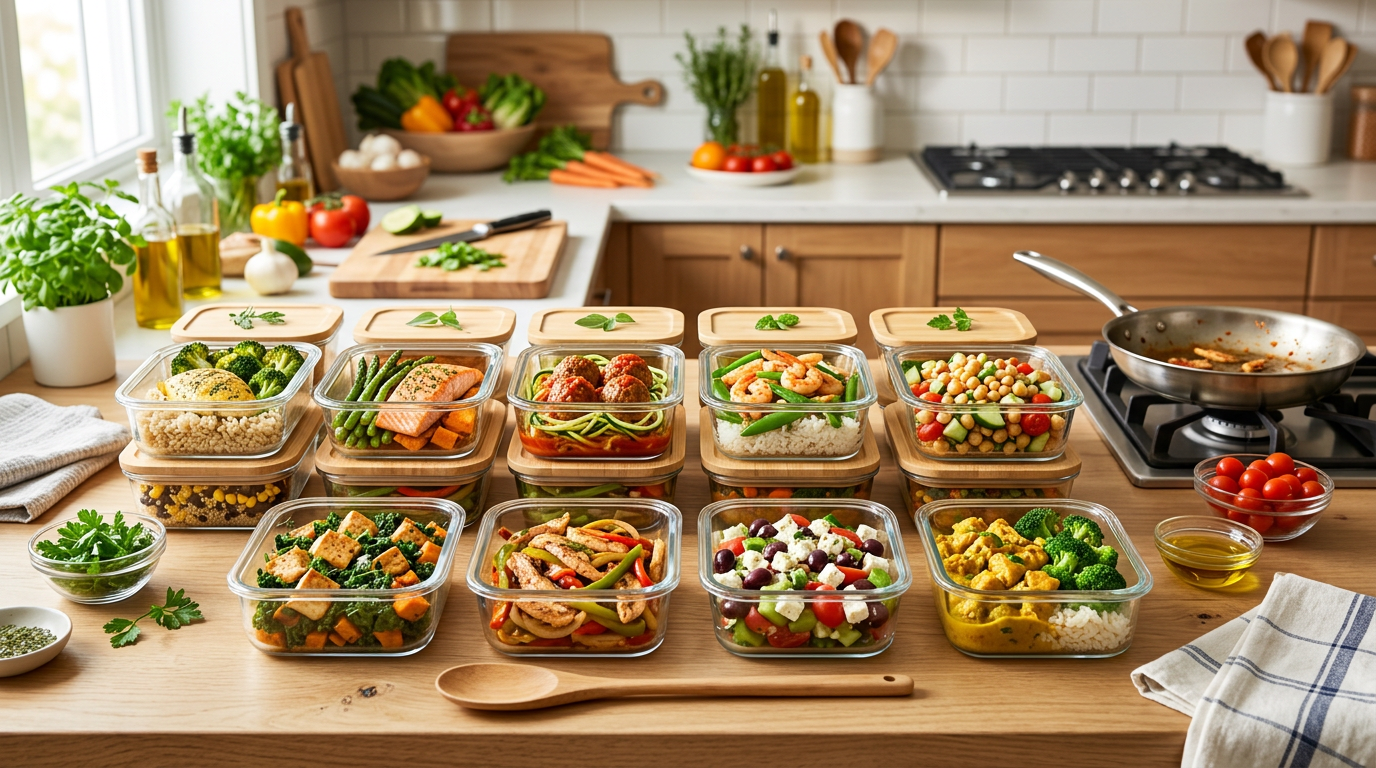 Twelve five-ingredient meal prep containers with chicken, rice, vegetables, and beans