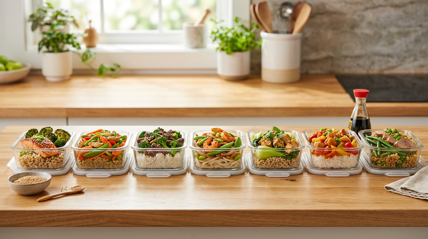 Seven Asian meal prep bowls with teriyaki chicken, rice, and stir-fried vegetables in glass containers