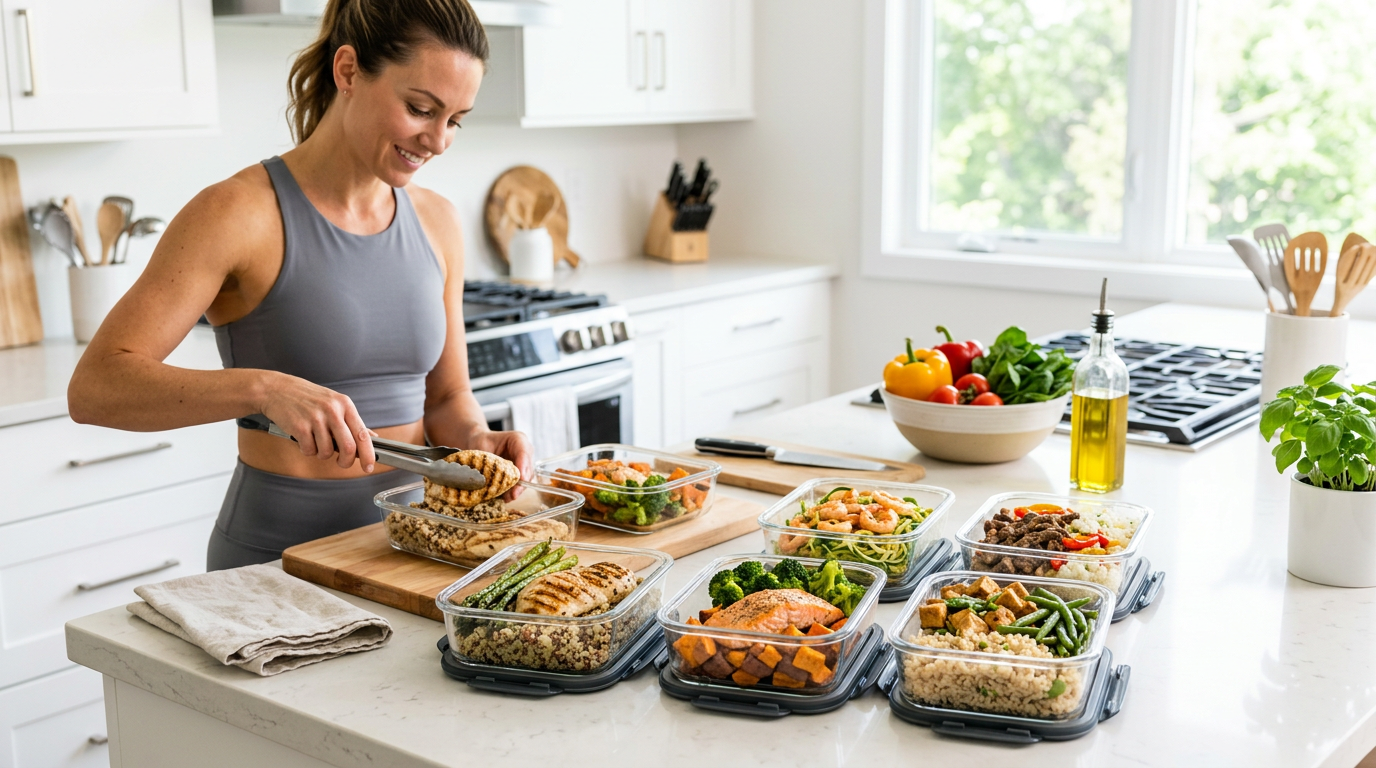 Five meal prep containers of high-volume bowls with lentils, edamame, Greek yogurt, salmon, and roasted vegetables portioned for body recomposition