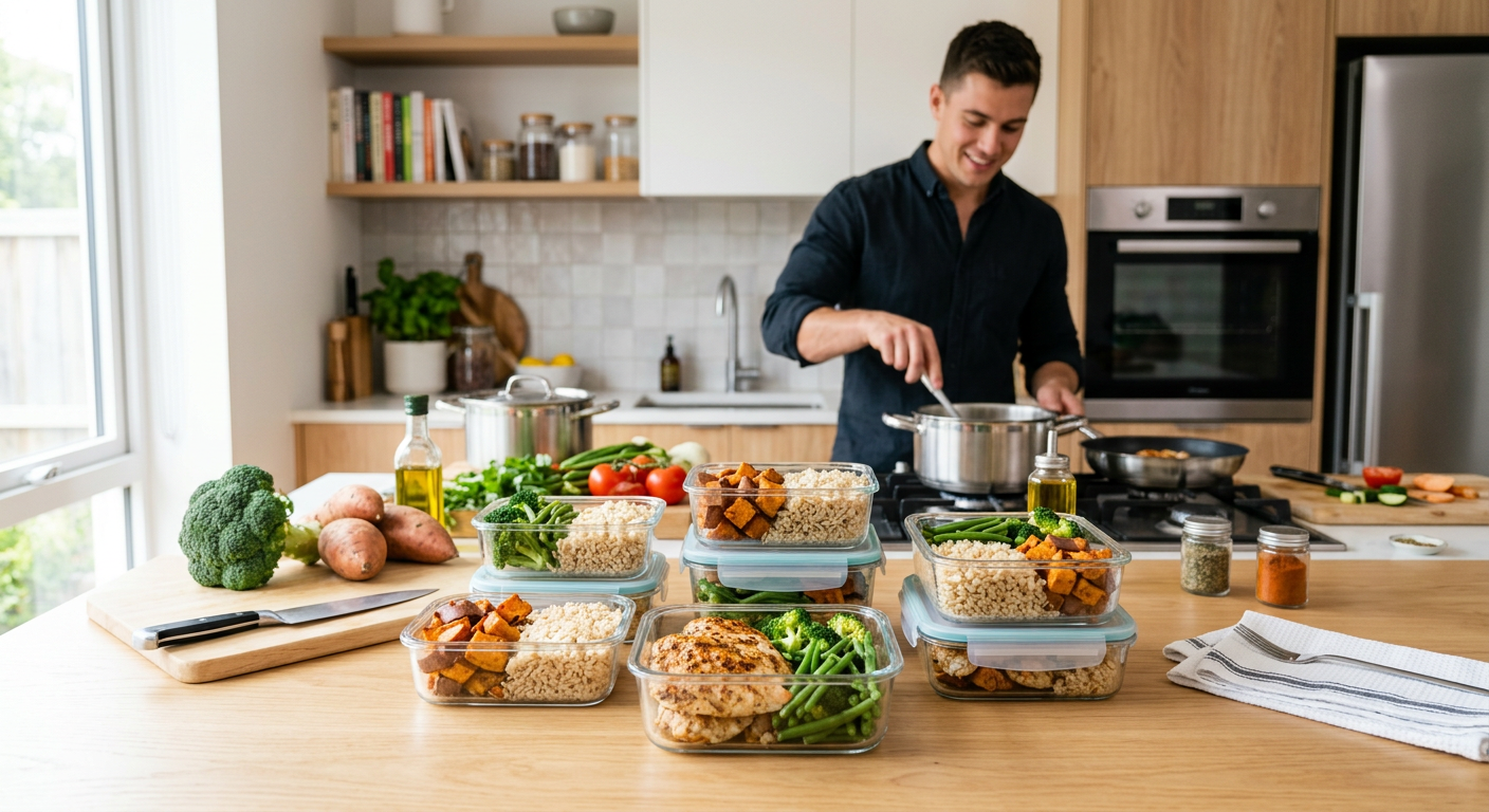 Calorie-dense bulking meal prep containers with rice, chicken, eggs, and peanut butter