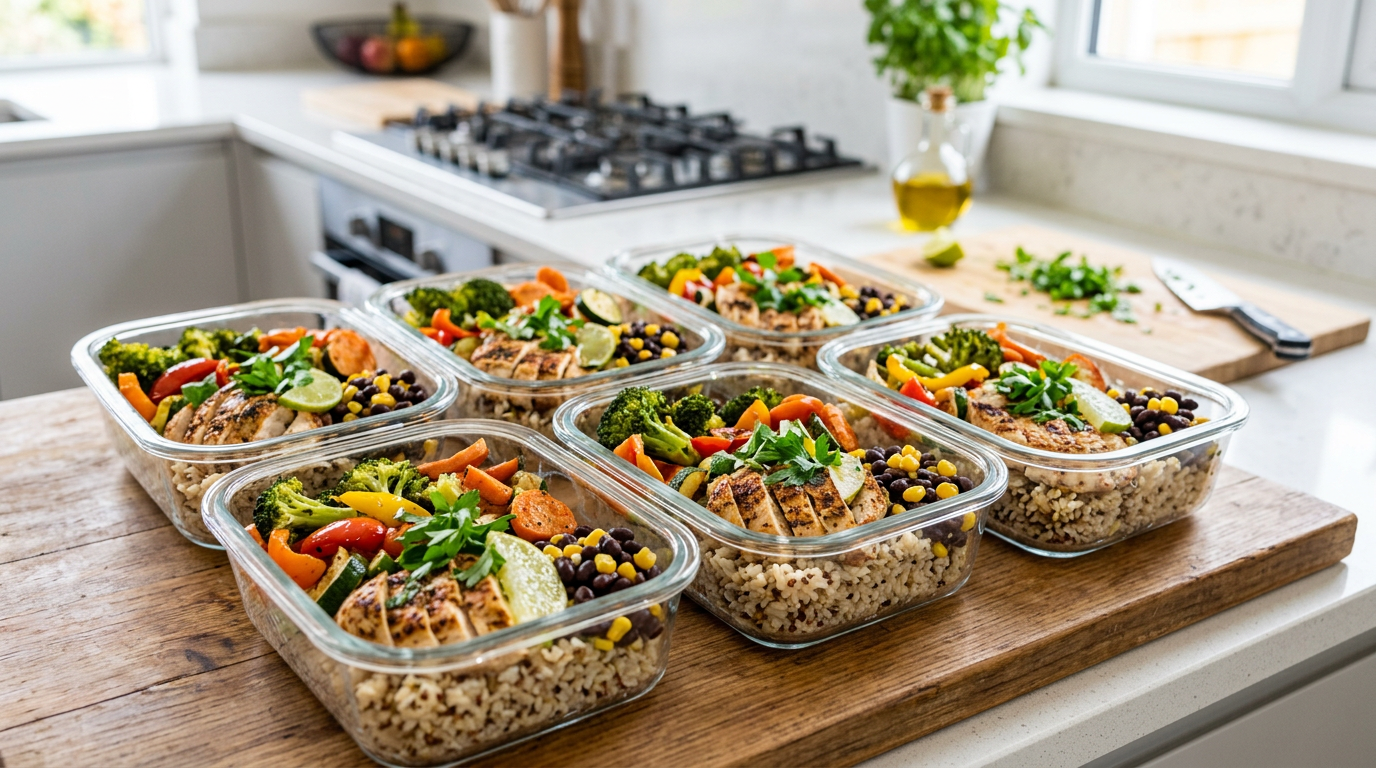 Six chicken and rice bodybuilding macro bowls in containers with labeled macros