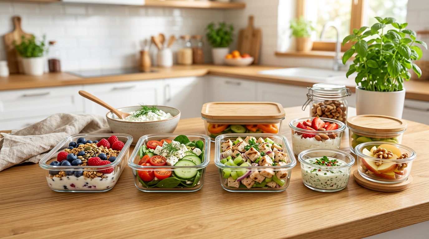 Ten glass jars of cottage cheese meal prep topped with berries, granola, and savory mix-ins