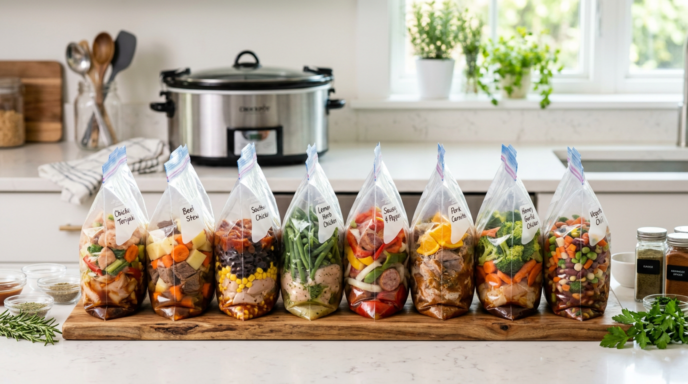 Eight labeled gallon freezer bags filled with crockpot dump-and-go meal ingredients