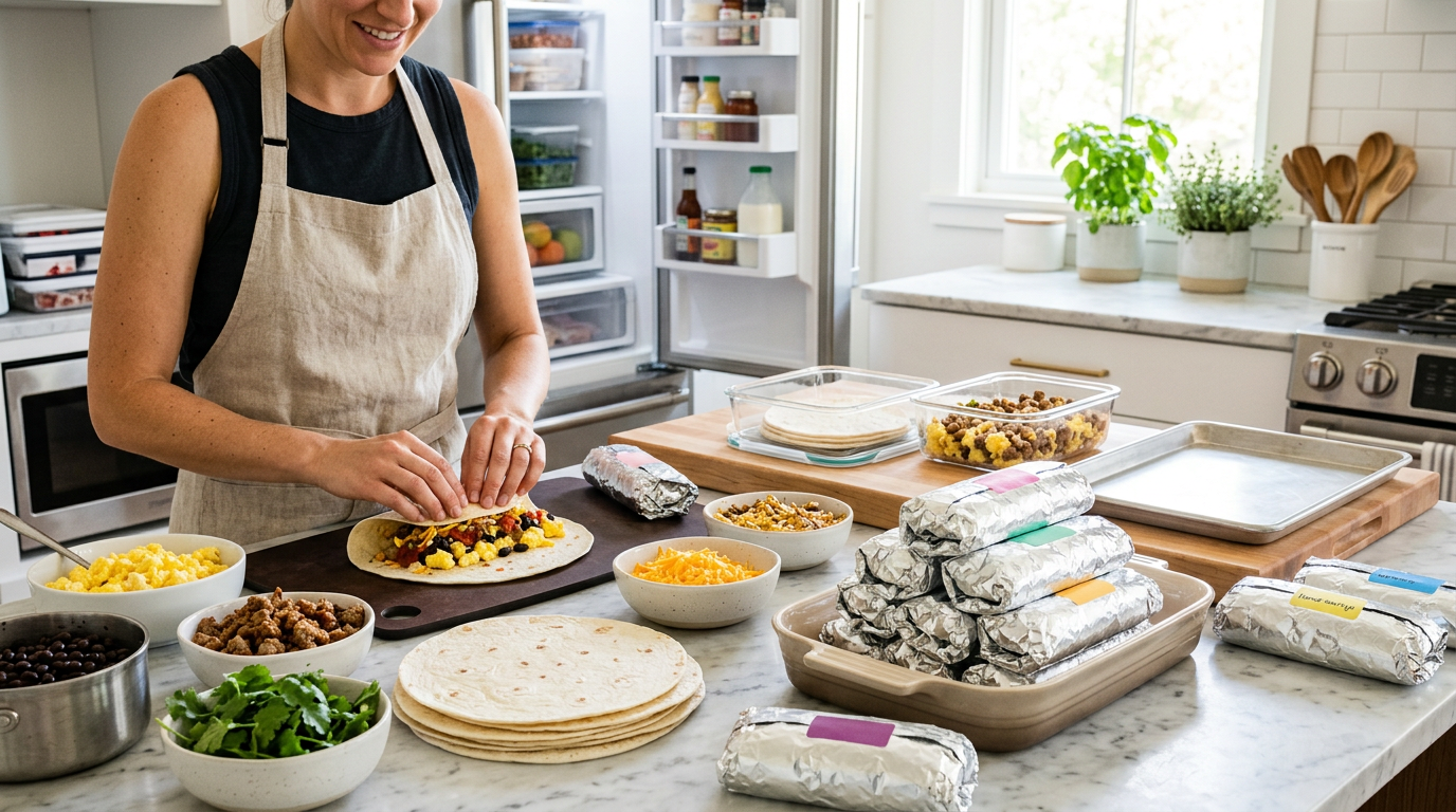 A dozen foil-wrapped freezer breakfast burritos stacked beside a labeled freezer bag