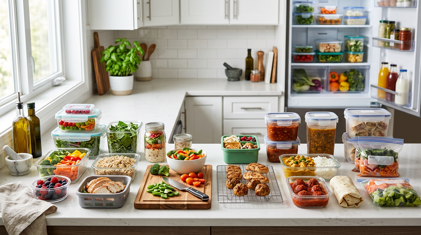 Split chart comparing which meal prep foods belong in the fridge versus the freezer