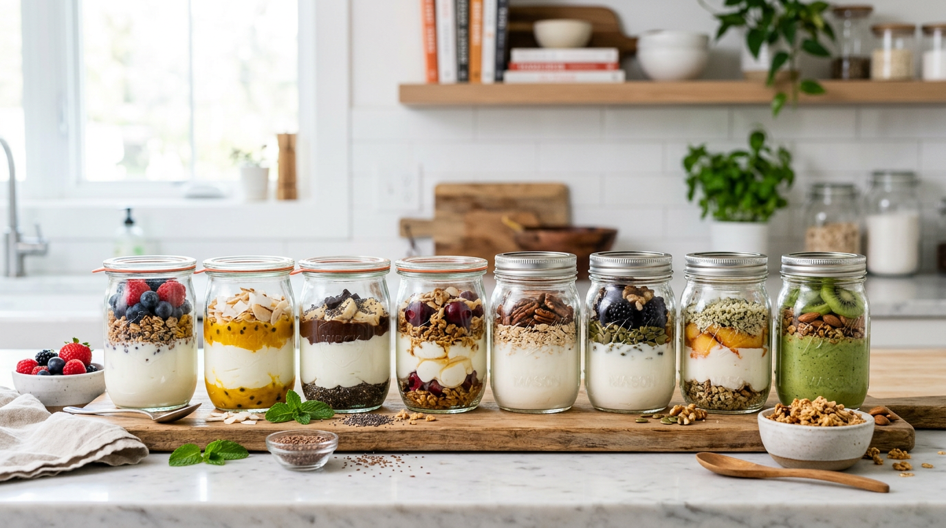 Eight mason jars layered with Greek yogurt, fruit, and granola lined up on a counter