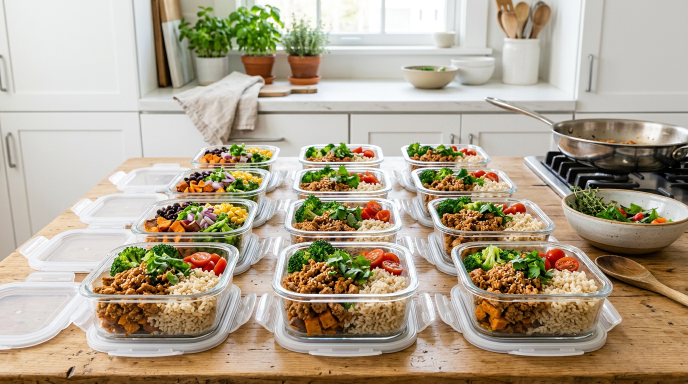 Ten glass containers of ground turkey meal prep bowls with rice and vegetables