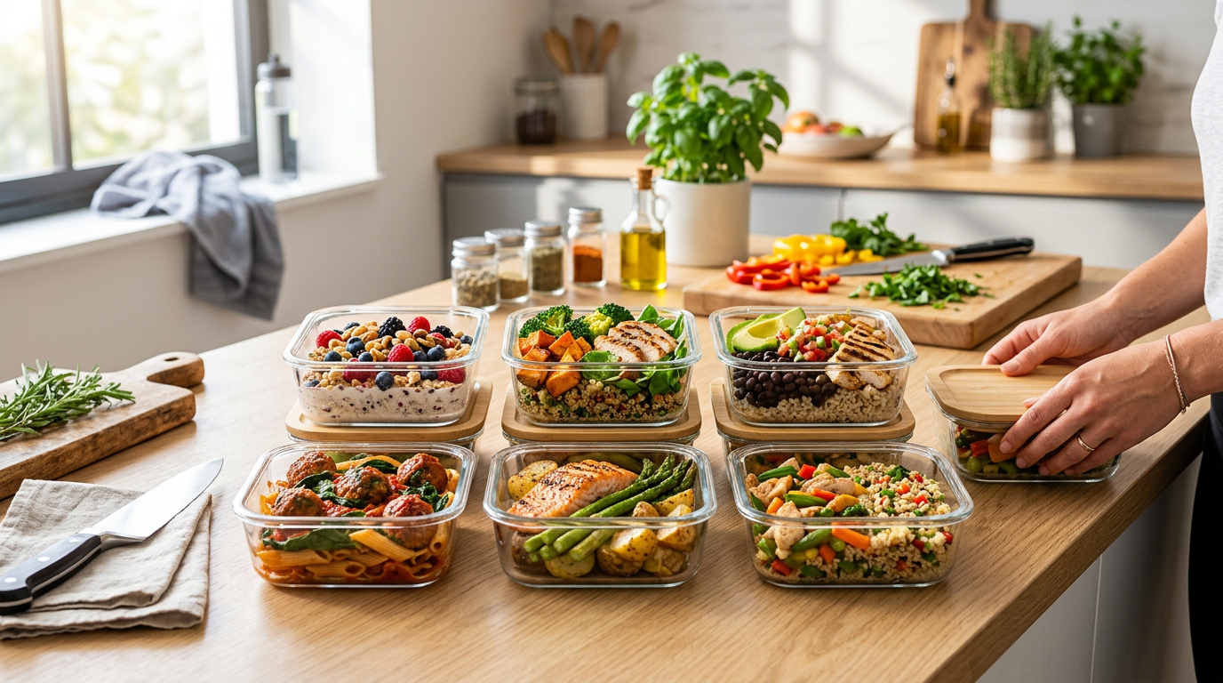Pre-workout and post-workout meal prep containers arranged on a kitchen counter beside a gym bag