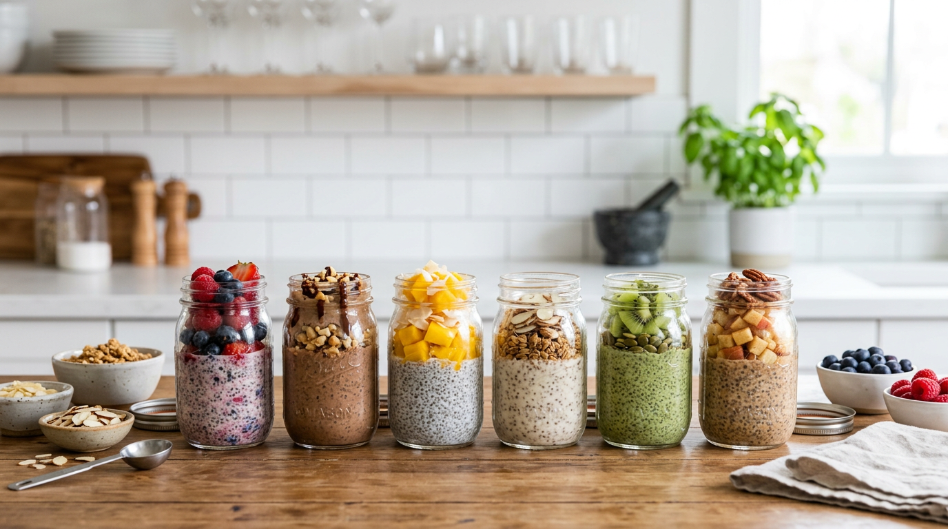 Six glass jars of layered high-protein chia pudding with fruit and nut toppings
