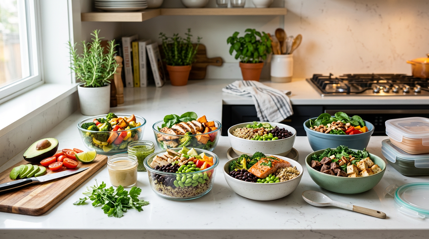 Eight meal-prep lunch bowls in glass containers, each labeled with protein and calorie counts