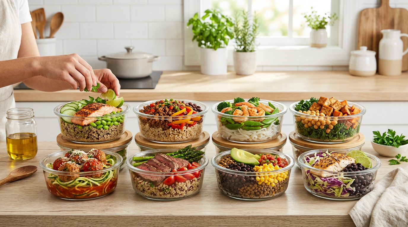 Eight high-protein meal prep bowls without chicken, including beef, salmon, shrimp, and lentils