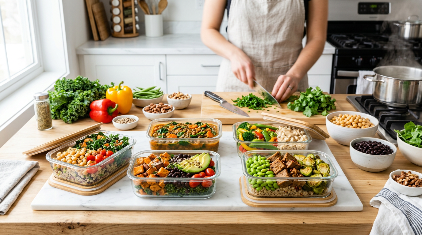 Seven tofu-free vegan meal prep containers with seitan, tempeh, lentils, edamame and black beans