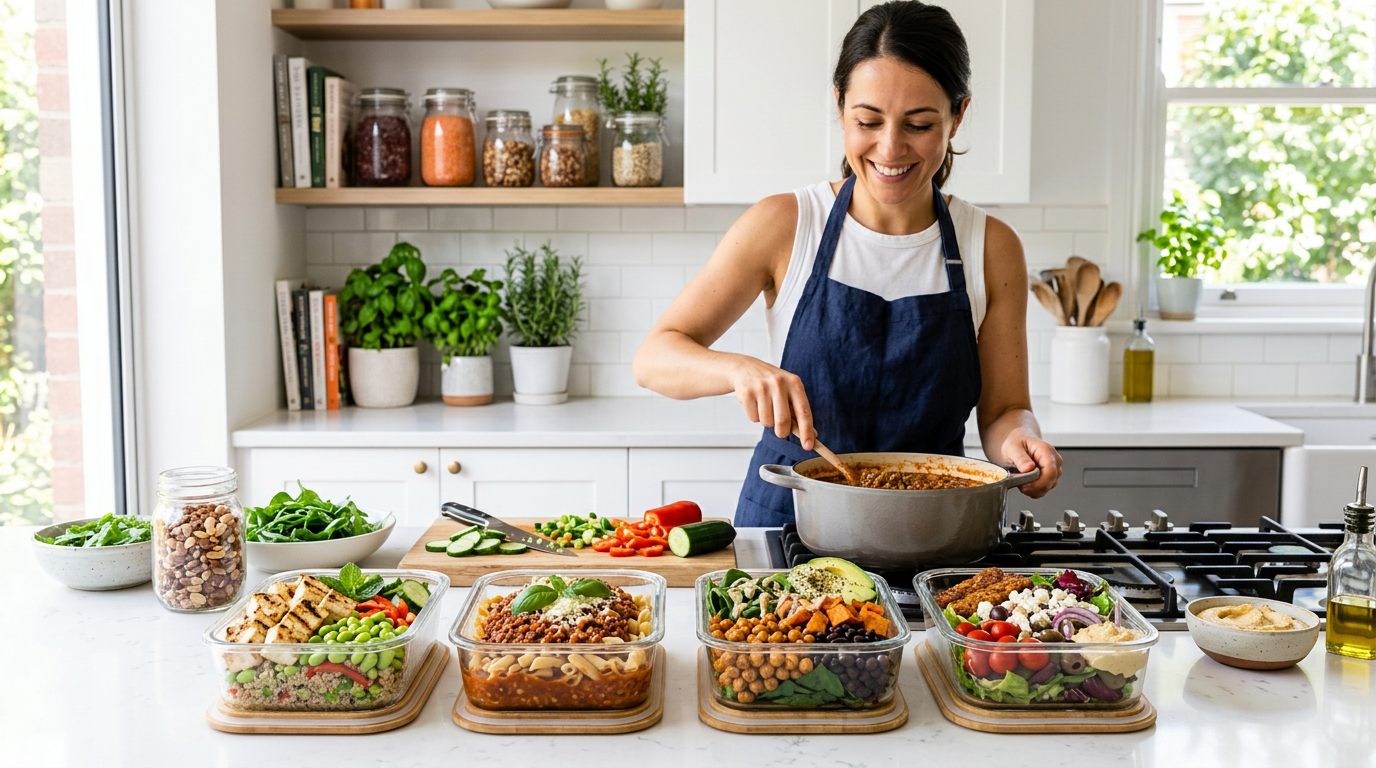 Vegetarian meal prep containers with tofu, lentils, edamame, Greek yogurt and cottage cheese hitting 100g protein
