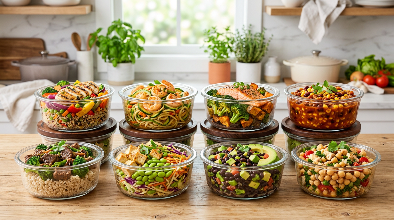 Eight overflowing low-calorie meal prep bowls packed with vegetables, lean protein and grains in glass containers