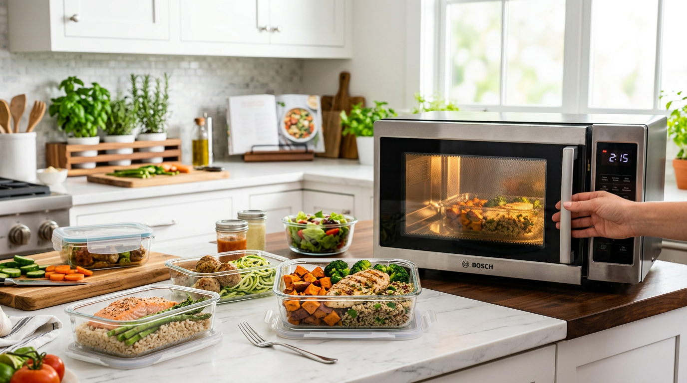 Chart of microwave reheating times for common meal prep foods