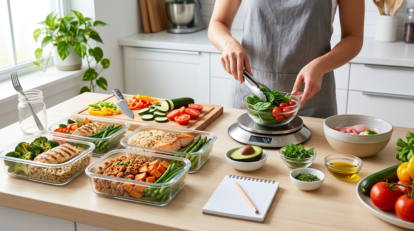 Food scale and labeled meal prep containers with protein, carbs, and fat portions