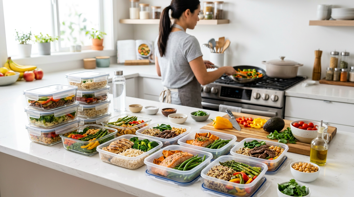 Budget lean bulk meal prep containers with chicken thighs, rice, eggs, and oats