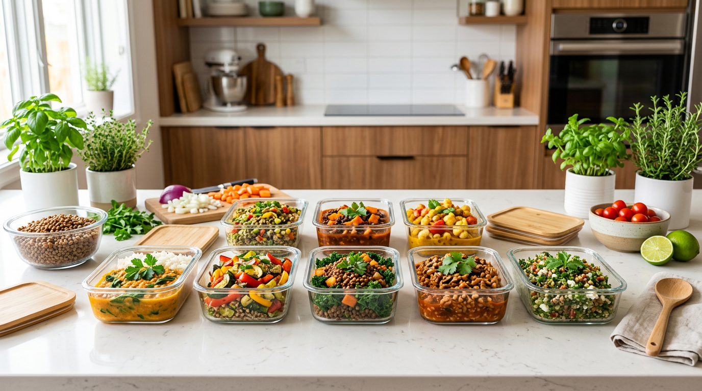 Seven meal prep containers filled with different high-protein lentil dishes