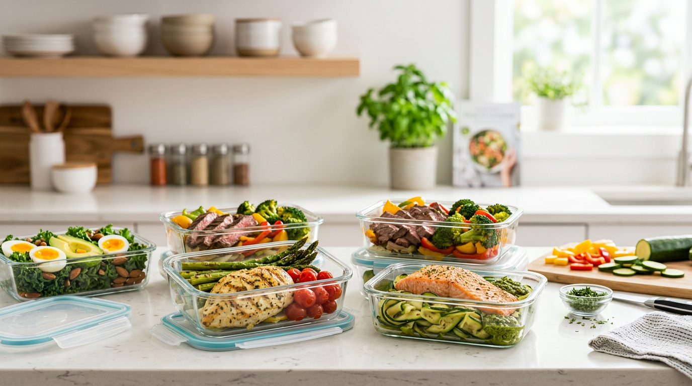 Five low-carb meal prep containers with chicken, salmon, and vegetables labeled by net carbs