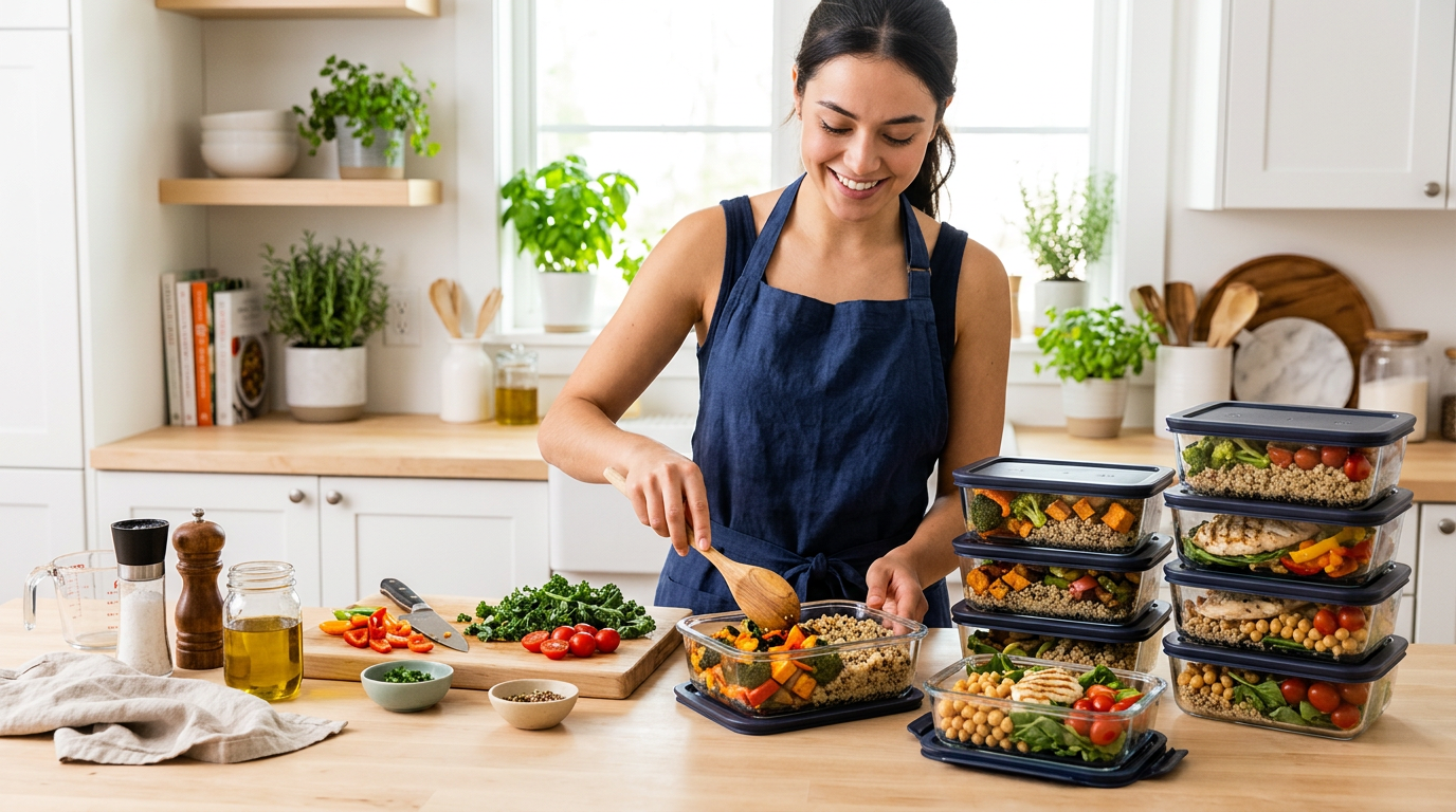 Colorful meal prep containers arranged on a kitchen counter
