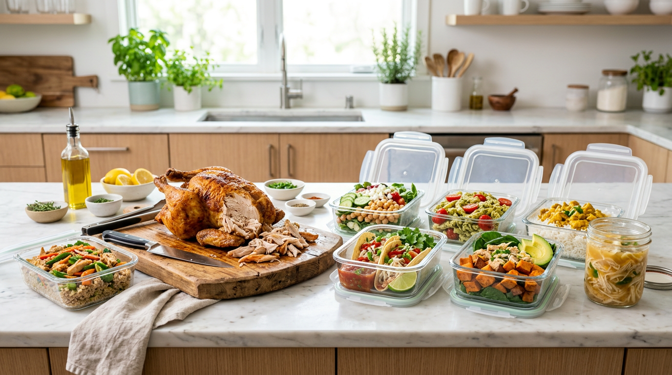 Meal prep with rotisserie chicken – 7 different meals from one bird