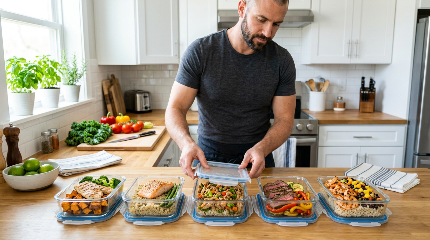 Five men's weight loss meal prep containers with chicken, ground beef, rice, eggs and vegetables