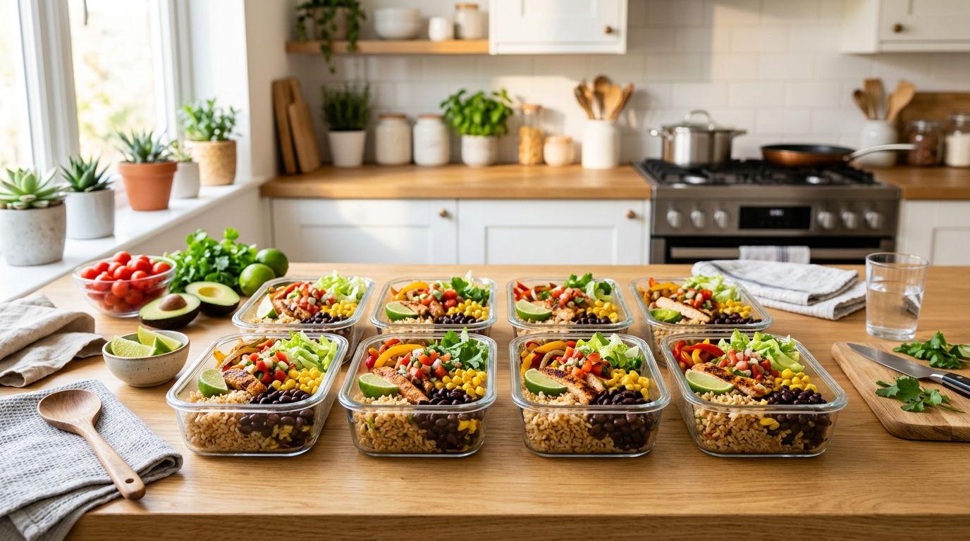 Eight prepped Mexican burrito bowls in glass containers with rice, beans, and salsa
