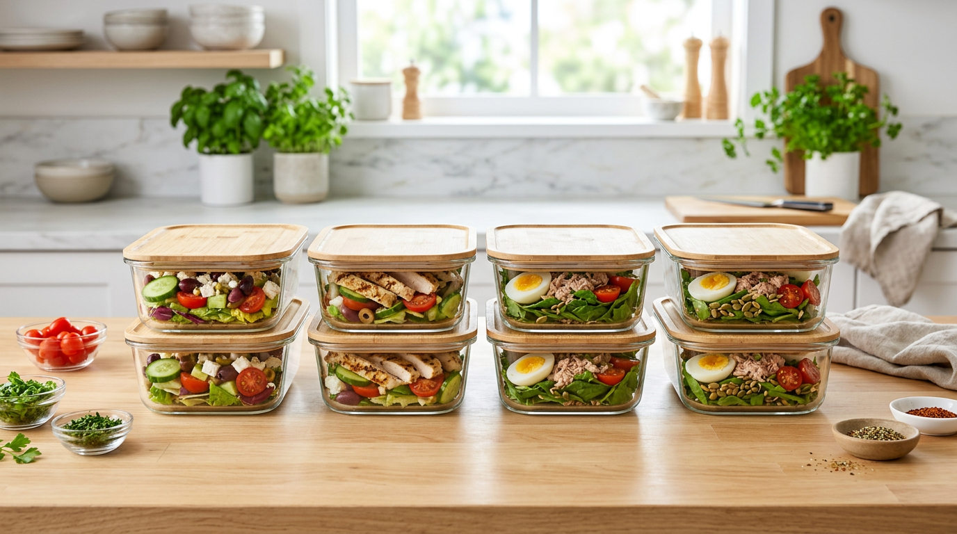 Eight no-cook high-protein lunch containers with tuna, Greek yogurt, and chicken on a counter