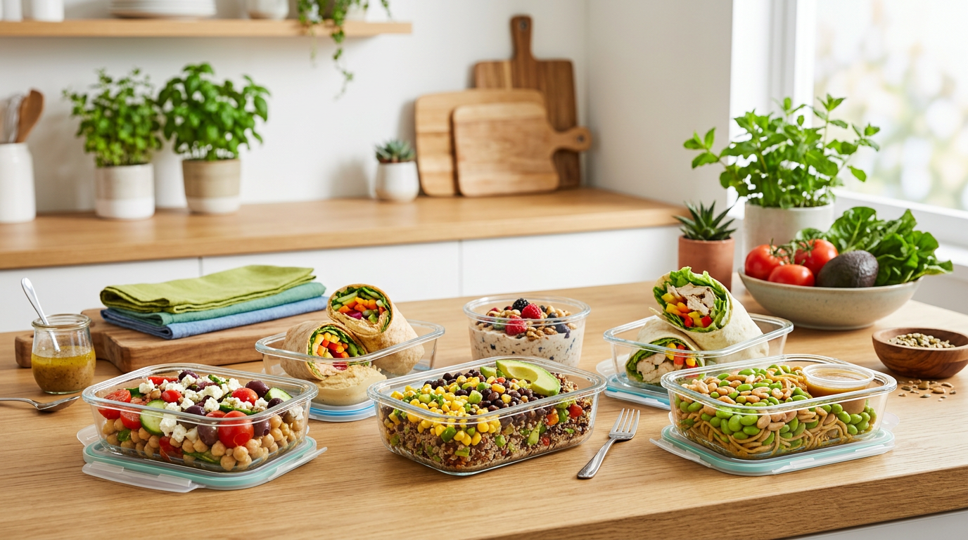 Mason jar salads, overnight oats, and wraps lined up with no cooking equipment in sight