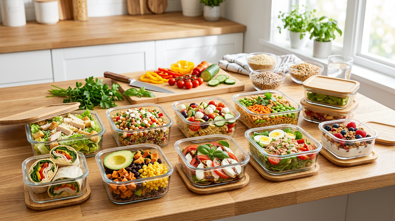 Nine cold office lunches in containers laid out on a desk without a microwave