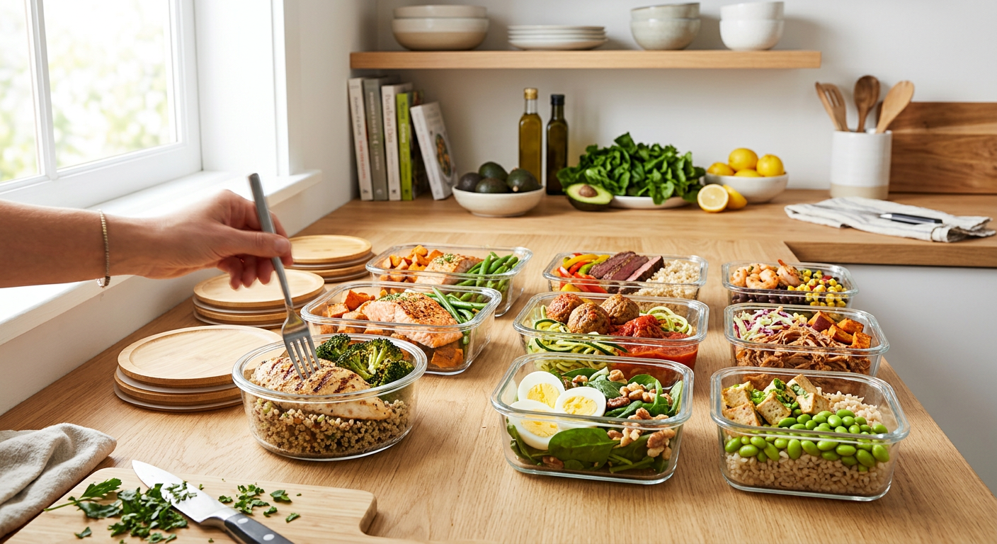 Eight high-protein post-workout meal prep containers lined up on a counter