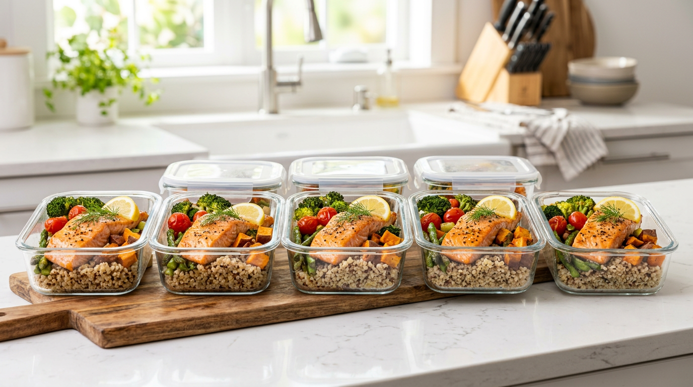 Seven glass meal prep containers filled with salmon, rice, and vegetables