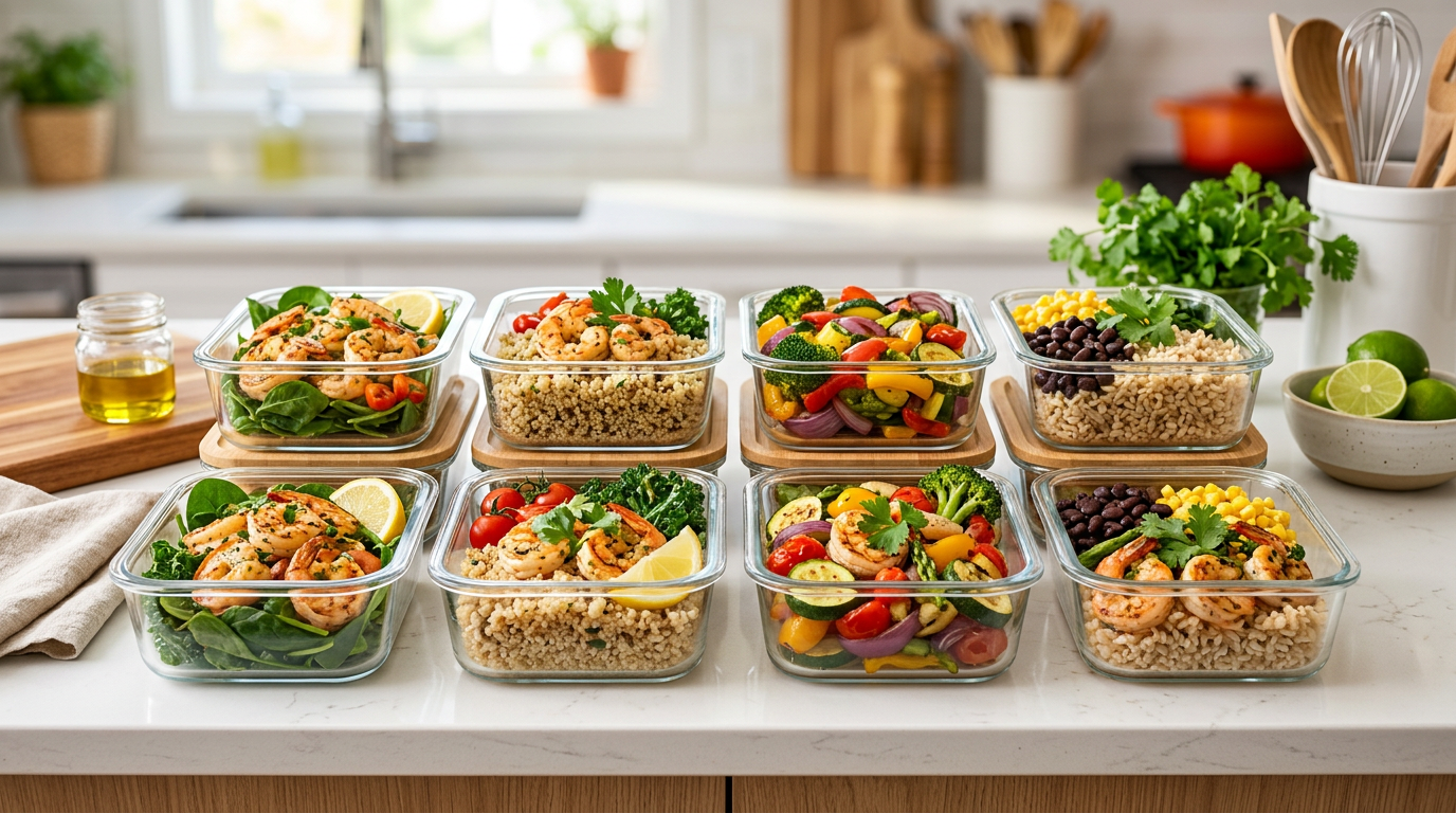Four shrimp meal prep bowls with rice, vegetables, and citrus