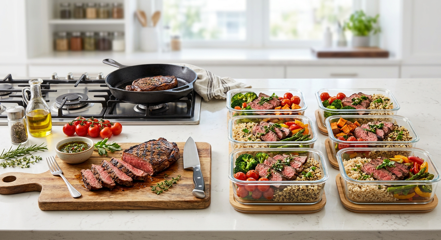 Sliced steak meal prep bowls with rice and vegetables in glass containers