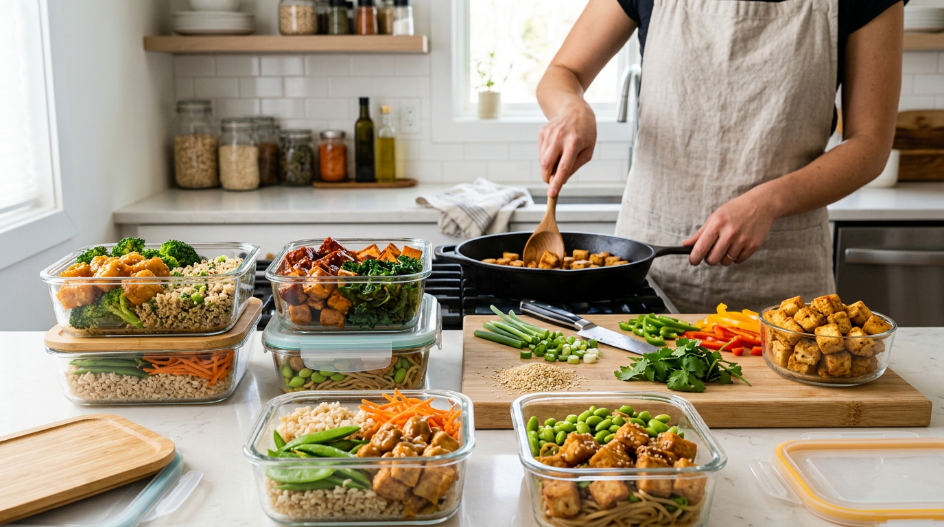 Meal prep containers filled with crispy golden cubed tofu, rice, and vegetables