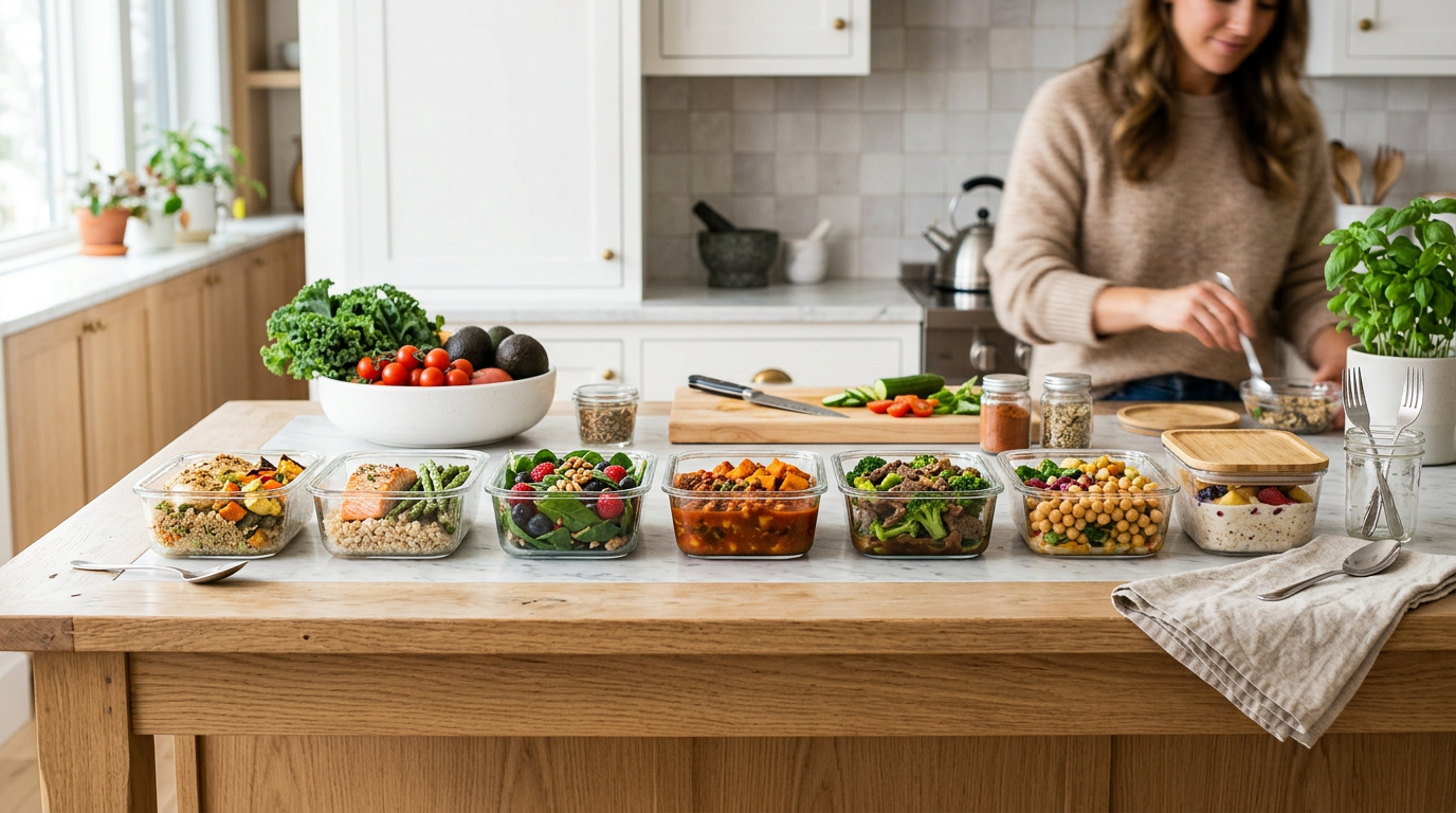 A weekly meal prep calendar beside five labeled glass containers of cooked meals