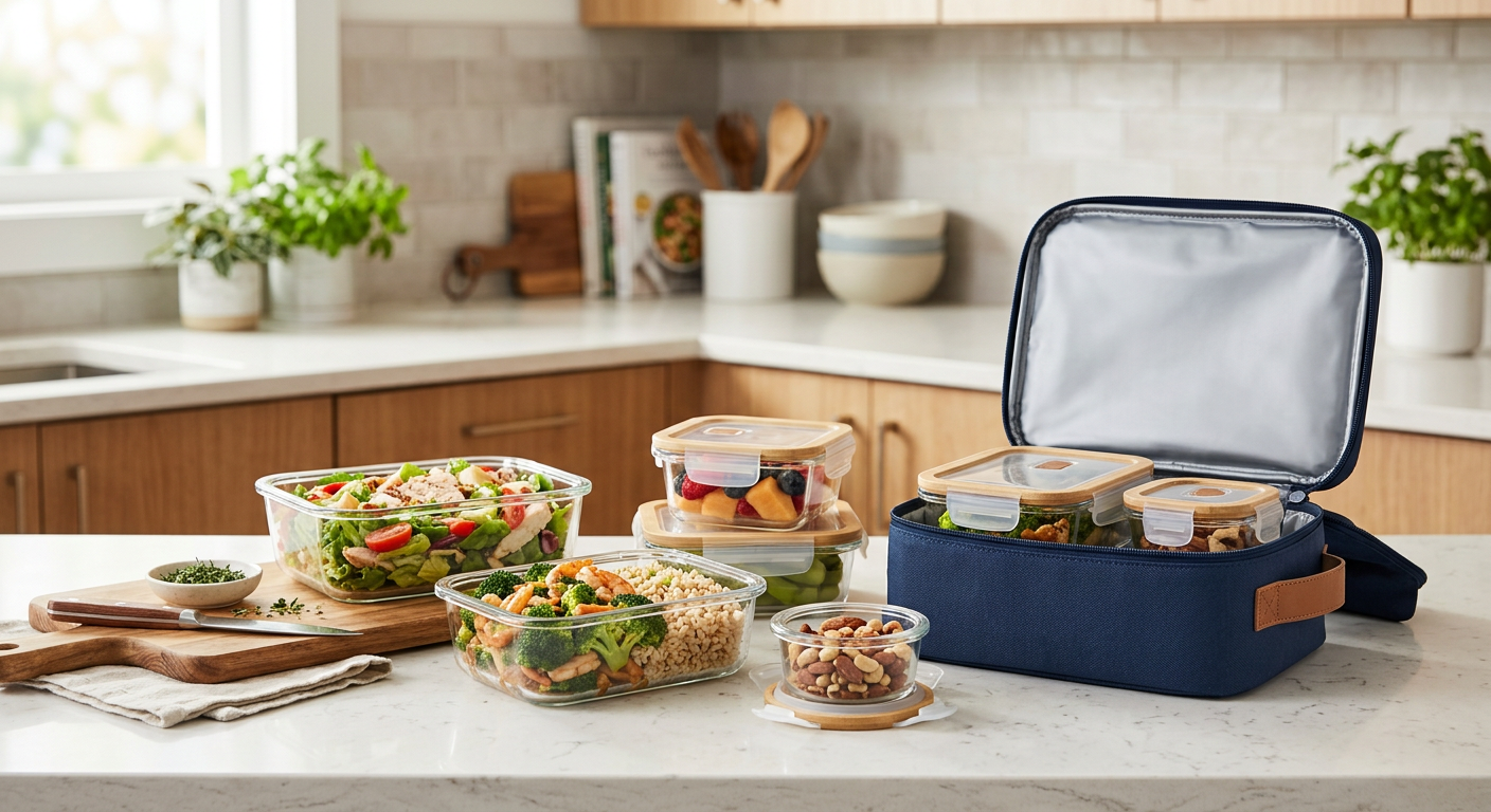 Meal prep containers stacked inside a lunch bag with dimension labels